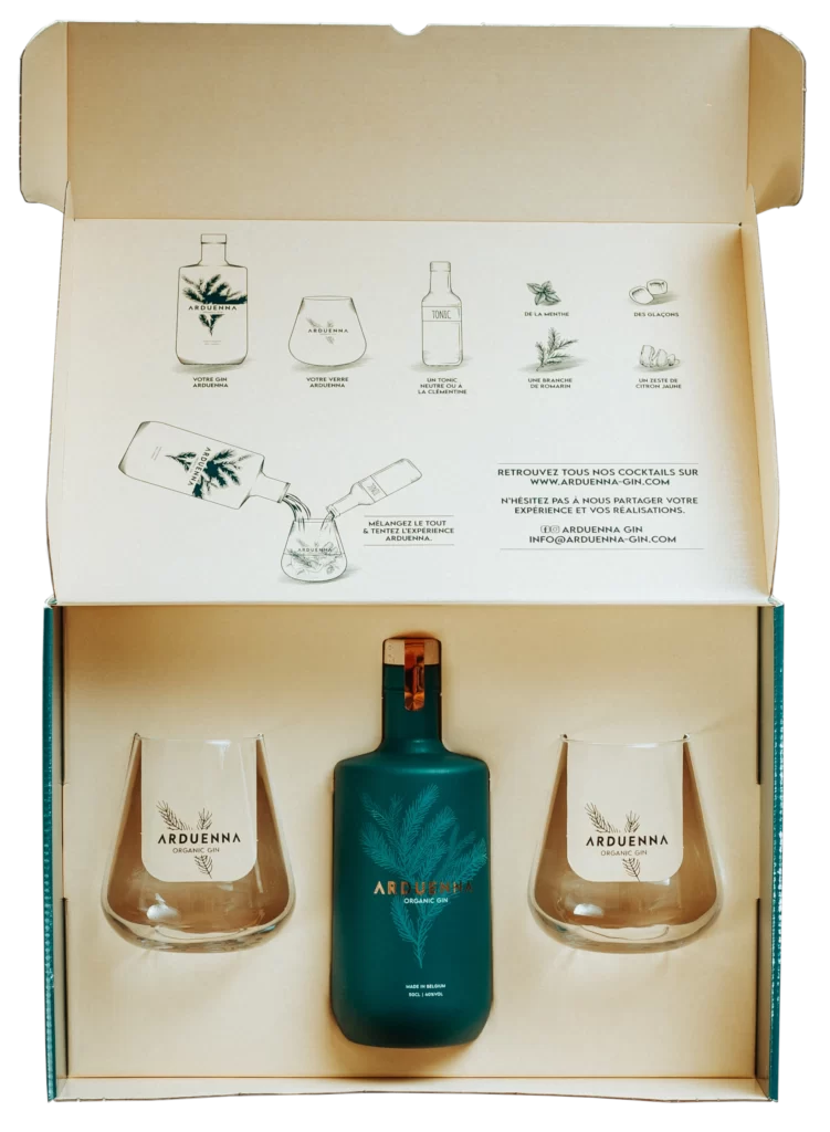 Arduenna Gin Bio + 2 Verres 40% 50cl — Gin Belge des Ardennes Coffret Cadeau