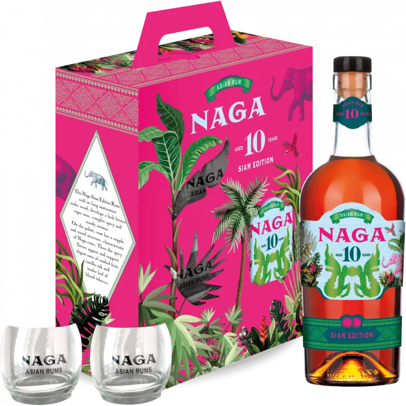 Naga « Siam Edition » 10 Ans Coffret + 2 Verres 40% 70cl — Rhum Indonésien Vieilli en Ex-Fûts de Bourbon