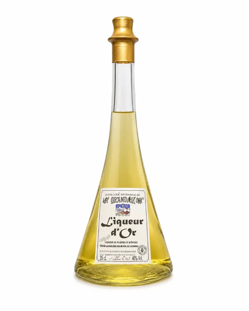 Liqueur d’Or Carafe Triangulaire 40% 50cl — Élixir de Plantes du Tyrol et de Bavière aux Paillettes d’Or